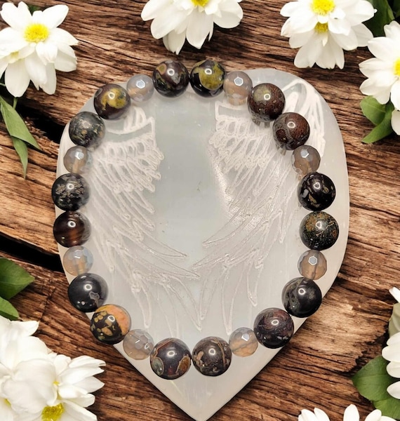 7" Flower Obsidian (8mm) Smoky Quartz w/Silver Luster - Faceted (6mm)
