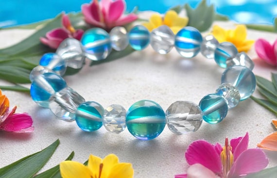 6 1/2" Blue and Clear Glass Stretch Bracelet