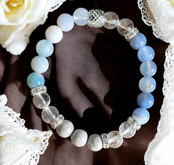7" Agate and Rock Crystal Stretch Beaded Bracelet