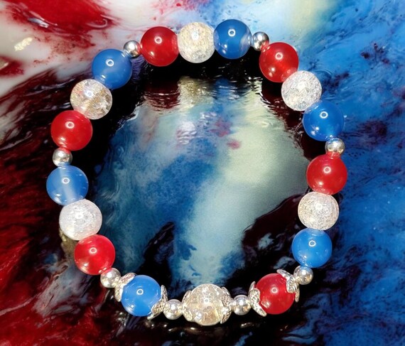 7" Patriotic Bracelet - Red Jade/White Quartz/Sapphire Blue Agate/Silver Tone