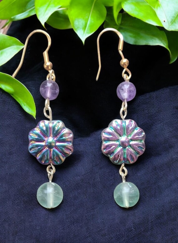 Rainbow Fluorite/Amethyst & Metallic Flower Earrings