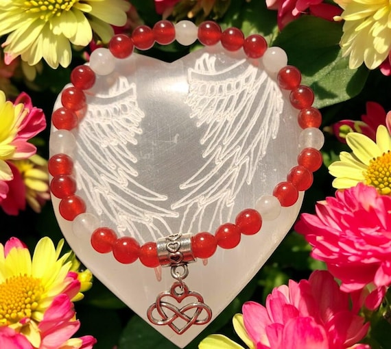Red & White Jade Bracelet: Silver Heart Infinity Charm, 7.5"