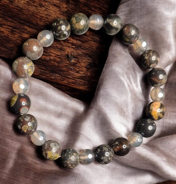 7" Flower Obsidian (8mm) Smoky Quartz w/Silver Luster - Faceted (6mm)