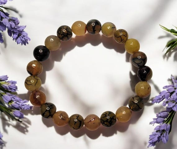 Dragon Vein Agate & Mixed Agate Stretch Bracelet - 8 inch