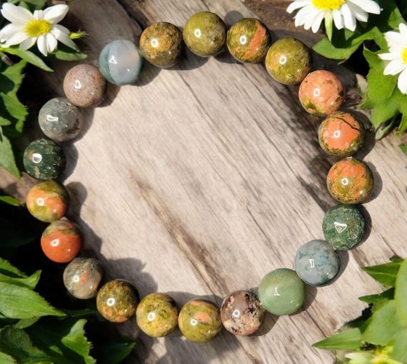 6 1/2" Unakite (8mm) and Fancy Jasper - Faceted (8mm) Stretch Bracelet
