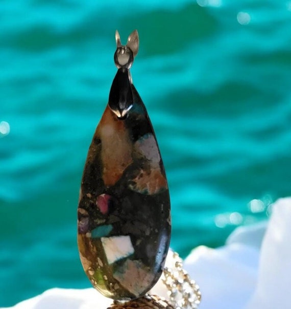 Mardi Gras (Mixed Impression) Jasper - Teardrop 15x35 Pendant w/22" Silver Plated Snake Chain