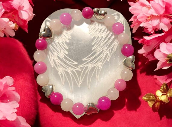 7 1/2" Pink Jade - 8mm Silver Tone Heart Stretch Bracelet