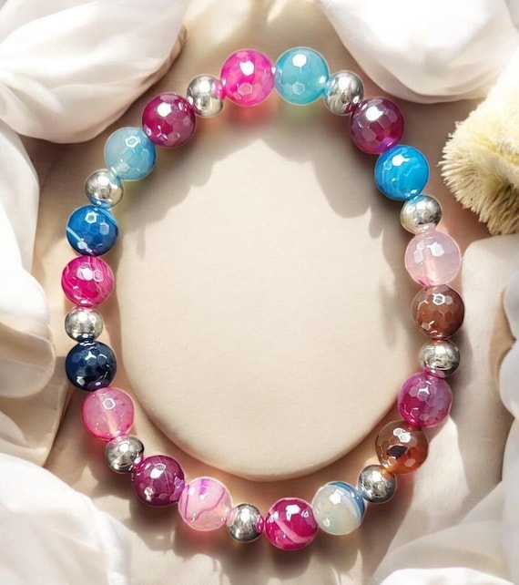 7 1/2" Jewel Mix Line Agate w/Silver Luster - 8mm