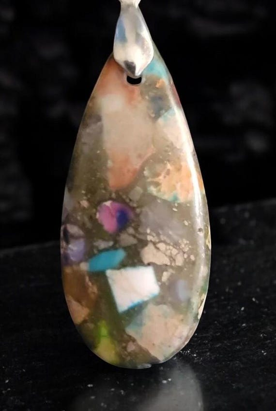 Mardi Gras (Mixed Impression) Jasper - Teardrop 15x35 Pendant w/22" Silver Plated Snake Chain