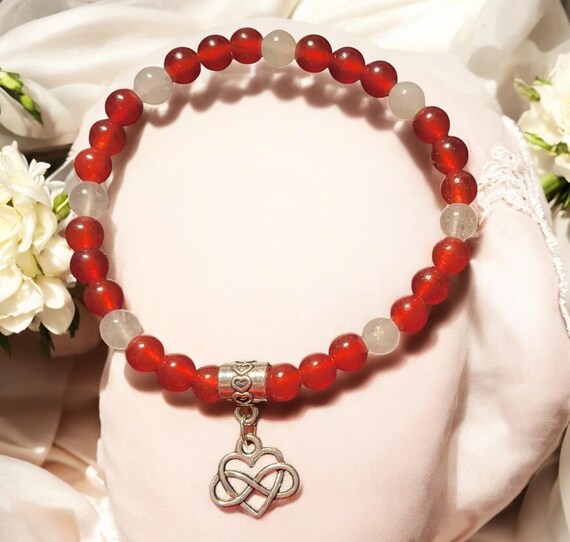 7 1/2" Love is Forever Red Jade - 6mm/White Jade - 6mm w/Silver Tone Heart/Infinity Charm
