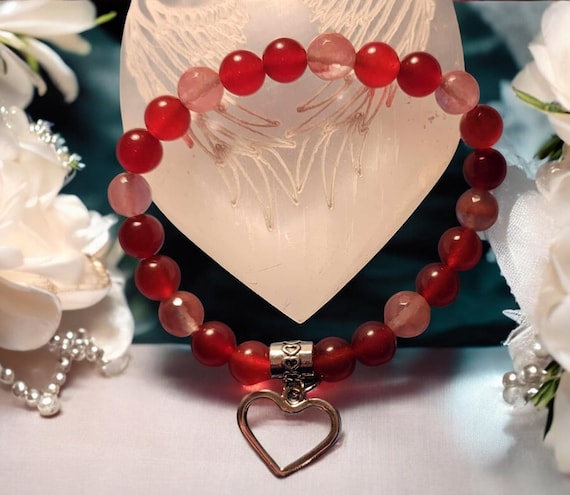 7" Red Jade (8mm)/Cherry Quartz (8mm) w/Silver Tone Heart Charm Stretch Bracelet