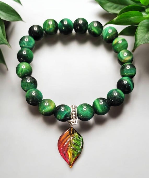 6 1/2" Green Tiger Eye (Dyed) w/Czech Glass Twisted Leaf Charm