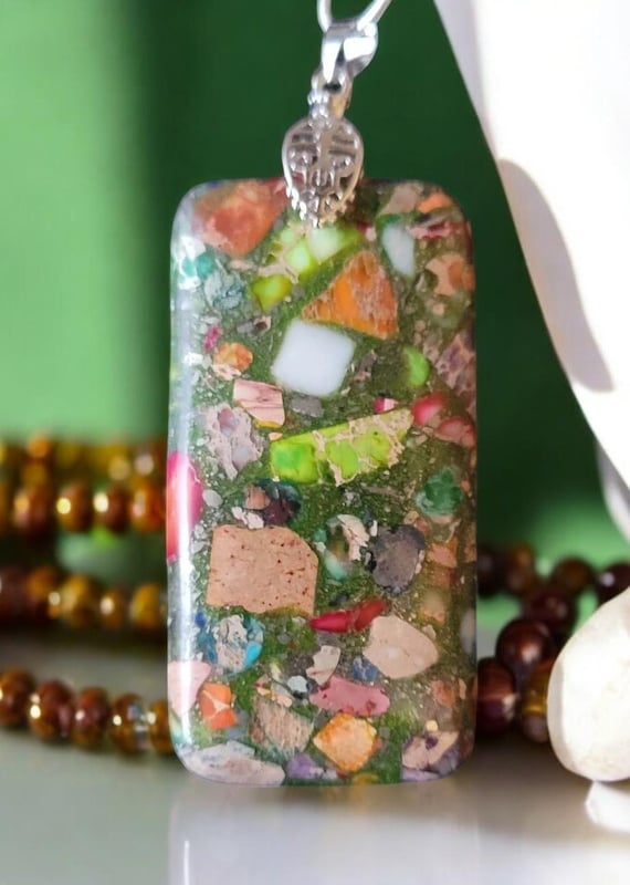 Mardi Gras (Mixed Impression) Jasper - Rectangle 30x60mm w/22" Silver Plated Chain
