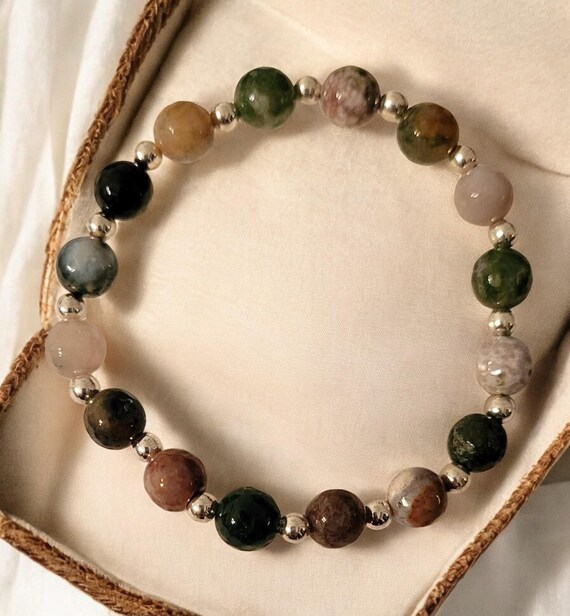 7" Fancy Jasper (Faceted) - 8mm w/Silver Tone Beads - 4mm Stretch Bracelet