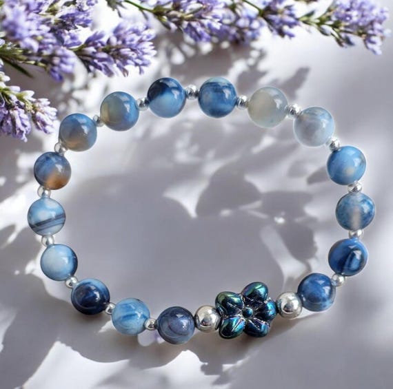7" Storm Line Agate (8mm) w/Czech Glass Flower Silver Tone Bracelet