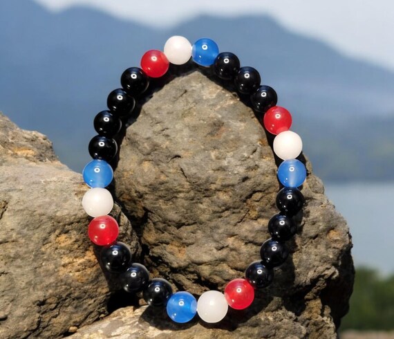8" Patriotic Stretch Bracelet -  Red Jade (8mm) White Jade (8mm) Sapphire Blue Agate (8mm) Black Agate (8mm)
