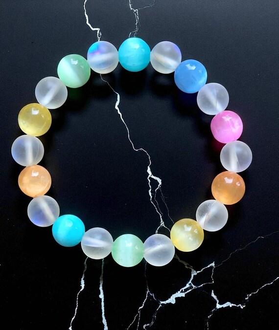 6 1/2" Rainbow Selenite/Glass Moonstone Beaded Bracelet