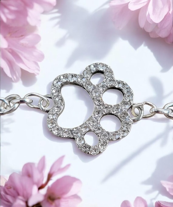 Silver Tone Adjustable Rhinestone Paw Print Bracelet