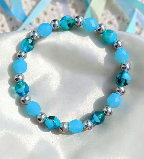 Aquamarine Waters/Blue Opal Czech Glass Bracelet - 7 1/2"
