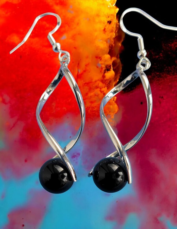 Black Onyx Silver Twist Earrings