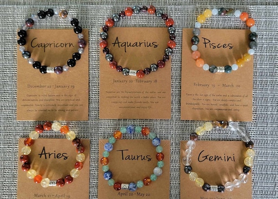 Zodiac Gemstone Bracelets w/Silver Tone Zodiac Symbol - December 22 - June 20