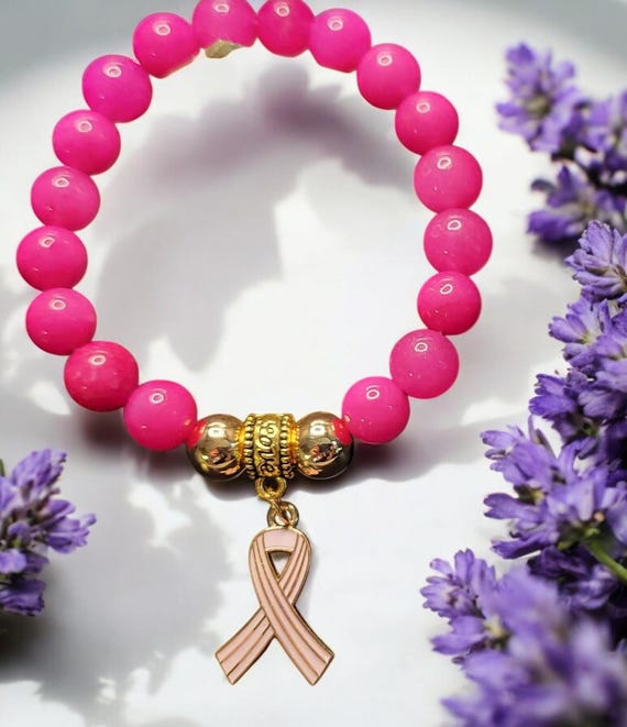 6 1/2" Pink Jade (Dyed) - 8mm Breast Cancer Awareness Stretch Bracelet