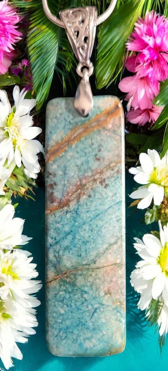 Blue Calsilica Jasper - Long Thin Rectangle 18x60mm w/22" Silver Plated Chain