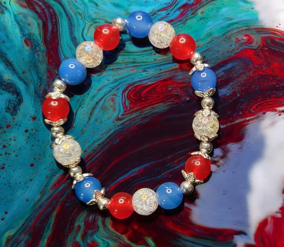 6 1/2" Patriotic Stretch Bracelet - Red Jade/White Quartz/Sapphire Blue Agate/Silver Tone