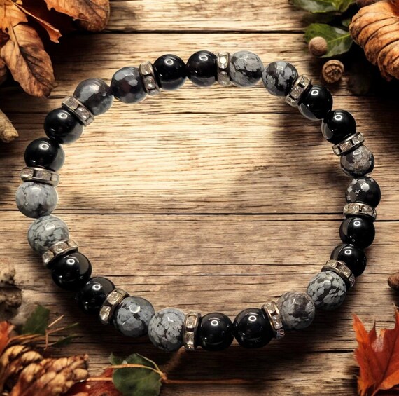 8" Snowflake Obsidian - 8mm/Black Agate - 8mm Stretch Bracelet