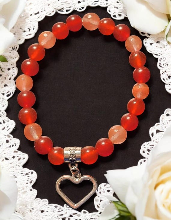 7" Red Jade (8mm)/Cherry Quartz (8mm) w/Silver Tone Heart Charm Stretch Bracelet