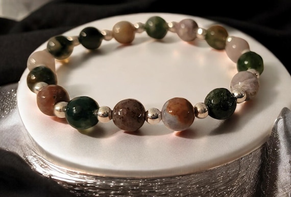 7" Fancy Jasper (Faceted) - 8mm w/Silver Tone Beads - 4mm Stretch Bracelet