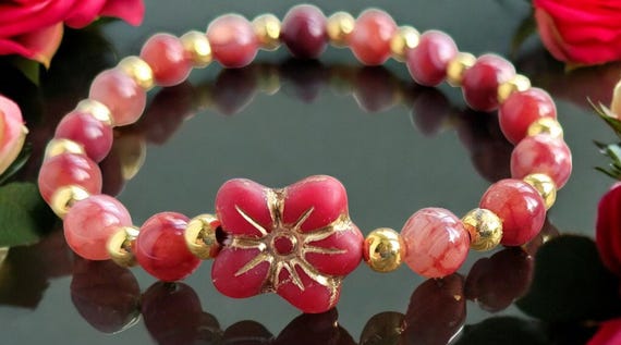 6" Cherry Red Fire Agate w/Czech Glass Flower Stretch Bracelet