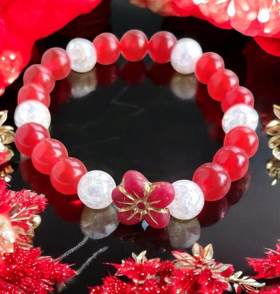6 1/2" Red Jade (Dyed)/White Quartz w/Czech Glass Flower Bracelet