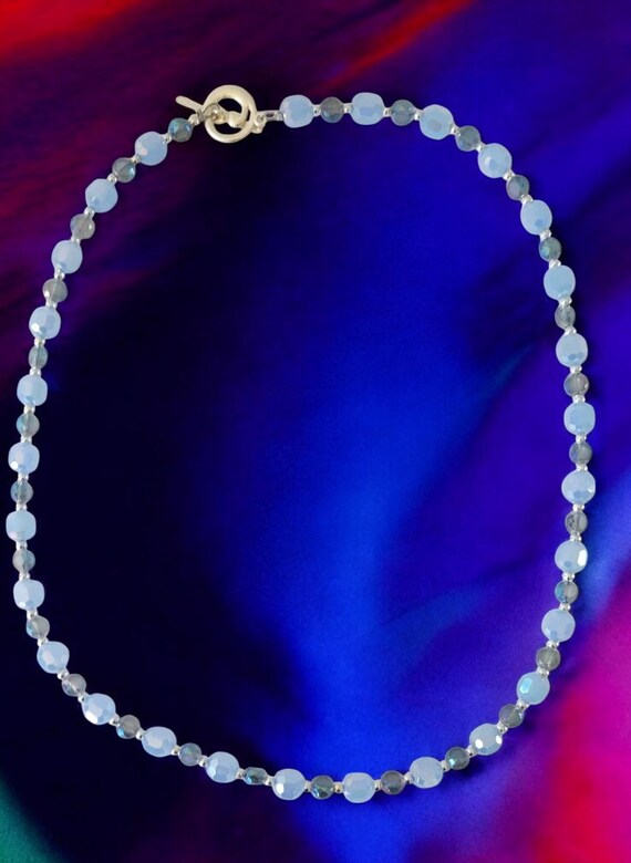 20" Iridescent Blue Glass Necklace (Silver Tone)