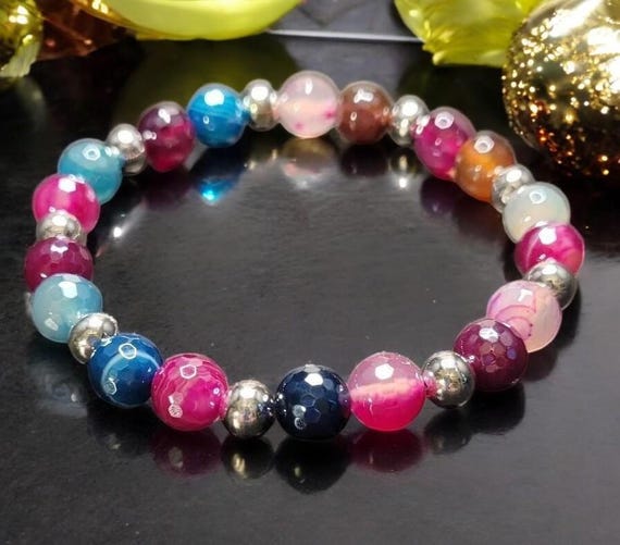 7 1/2" Jewel Mix Line Agate w/Silver Luster - 8mm