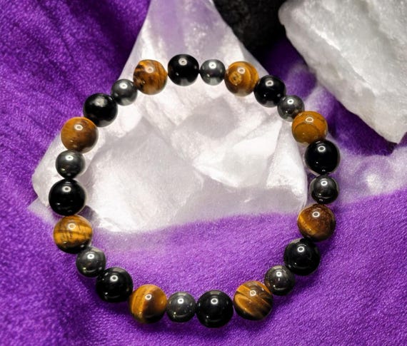 8 1/2" Tiger Eye - 10mm/Hematite - 8mm/Black Onyx - 10mm Stretch Bracelet