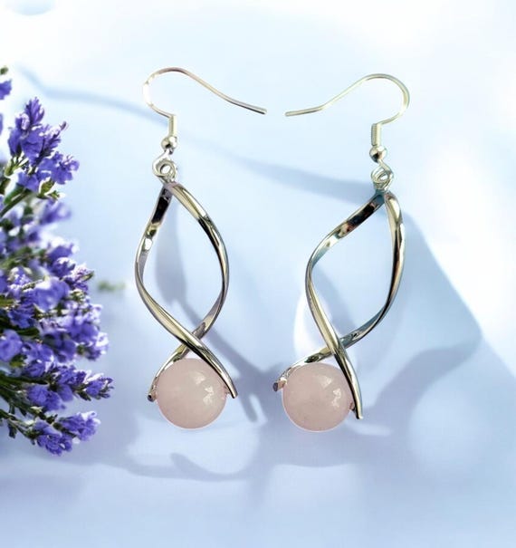 Rose Quartz Silver Tone Twist Earrings