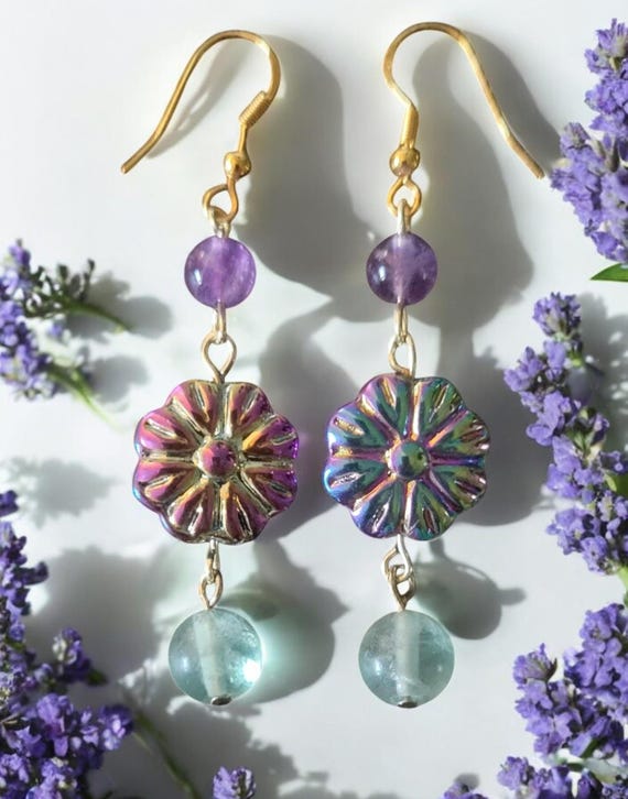 Rainbow Fluorite/Amethyst & Metallic Flower Earrings