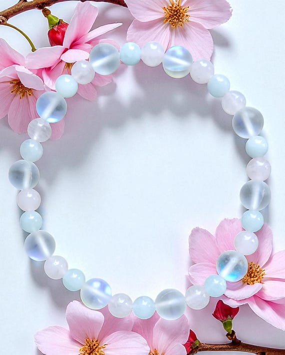 8" Aquamarine/Rose Quartz/Glass Moonstone Stretch Bracelet