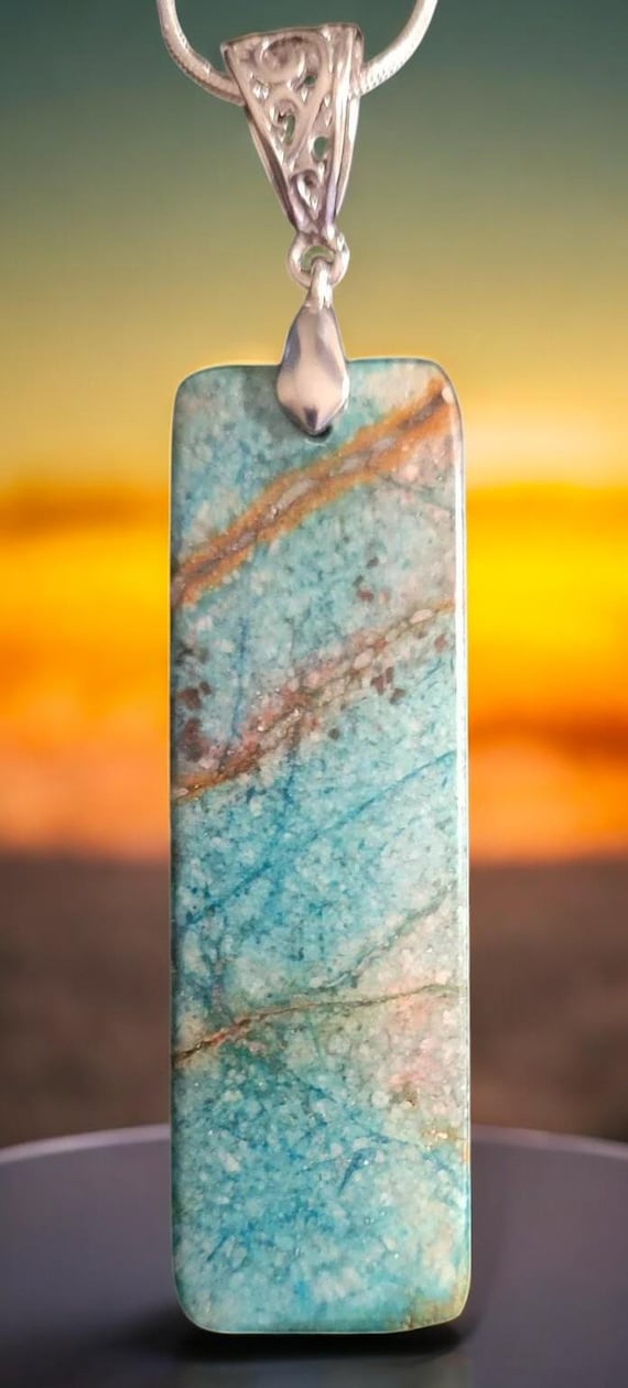 Blue Calsilica Jasper - Long Thin Rectangle 18x60mm w/22" Silver Plated Chain