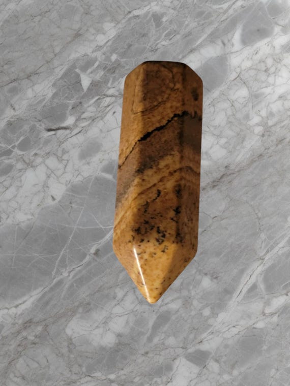 Picture Jasper Faceted Point Pendant 1 1/4"x 7/16" w/24" 1mm Round Black Leather Cord