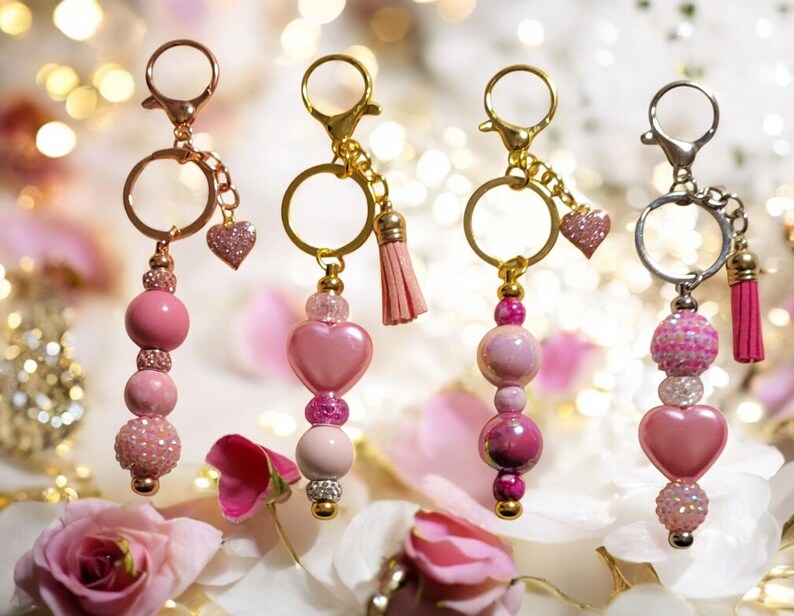 Pink and Red Beaded Keychains: Acrylic, Glass, Rhinestone Charms - Etsy