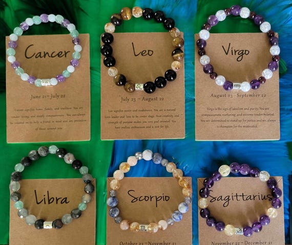 Zodiac Gemstone Bracelets w/Silver Tone Zodiac Symbol - June 21 - December 21