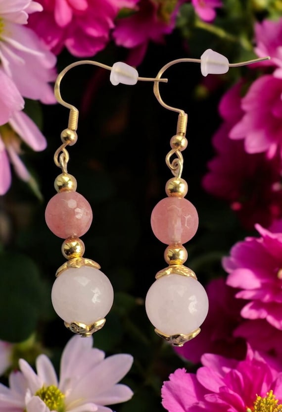 Cherry Quartz/Rose Quartz Gold Tone Earrings