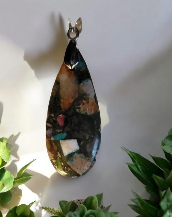 Mardi Gras Jasper Teardrop Pendant Necklace: Silver Plated Snake Chain