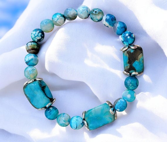8" Aqua & White Fire Agate (8mm)/Turquoise Jasper (10 x 15mm)
