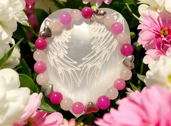 7 1/2" Pink Jade - 8mm Silver Tone Heart Stretch Bracelet