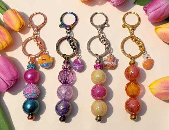 Colorful Easter Keychains – Metal Key Ring with Acrylic Beads & Charms