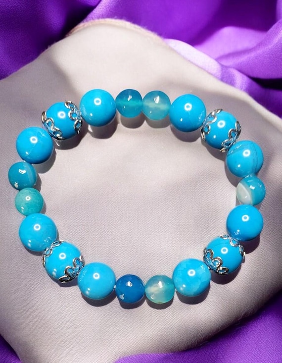 7" Sky Blue Line Agate - 8mm/Sky Blue Fire Agate - 10mm