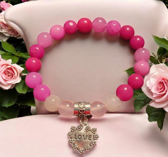 6 1/2" Pink Jade Heart Stretch Bracelet